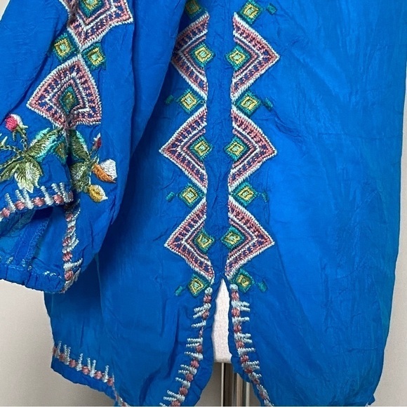 Johnny Was Vanessa Boho Blue Tie Neck Tunic Embroidered Blouse, size XS - Picture 6 of 15